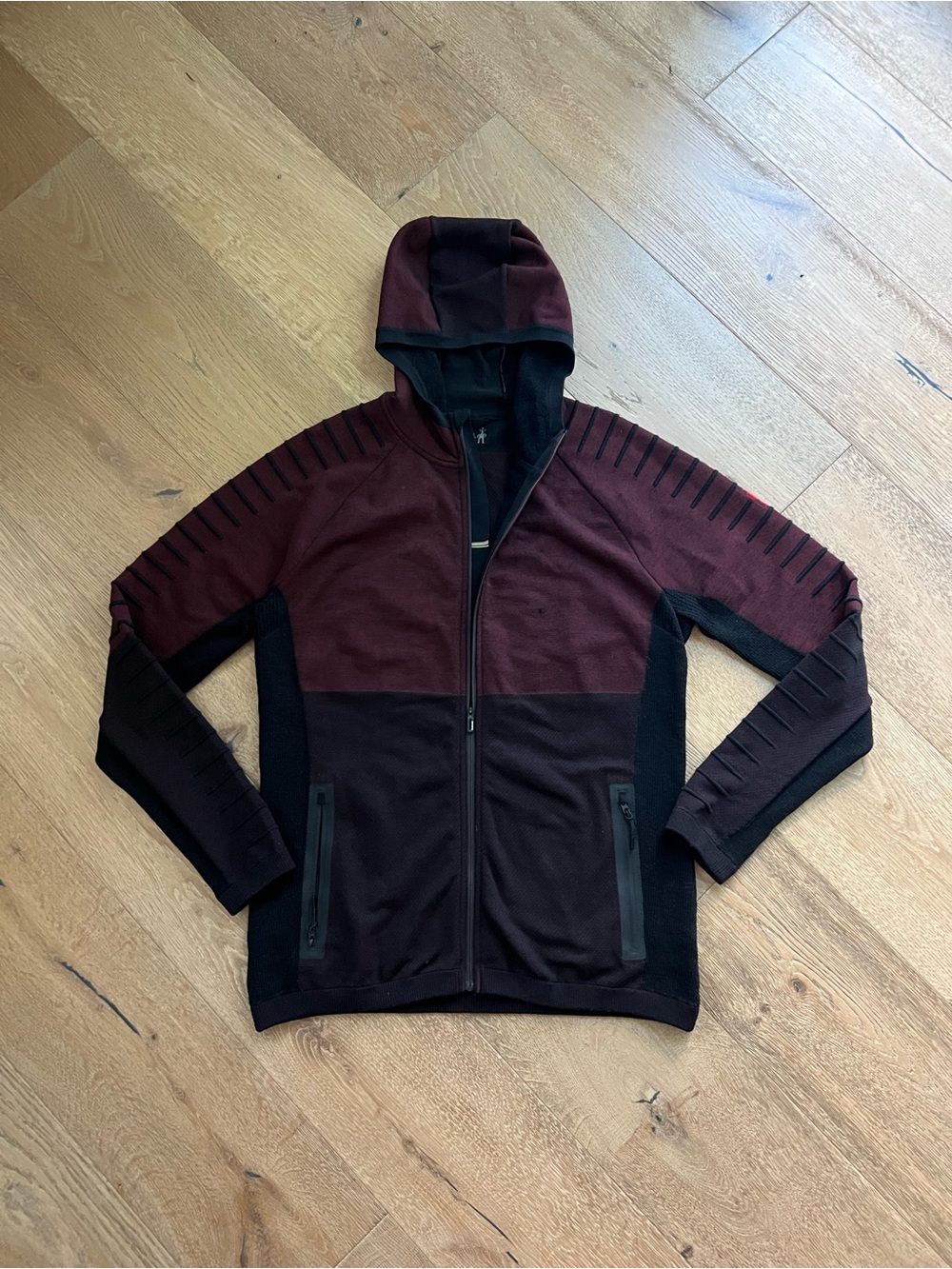 Men's Burgundy and Black Hooded Zip Sweater